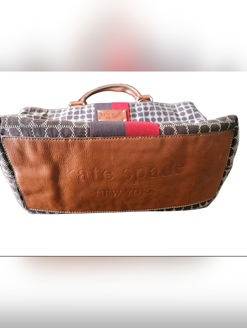 Kate Spade Noel Dot Jacquard Tote Bag Brown Red Stripe Leather Trim - Picture 3 of 10
